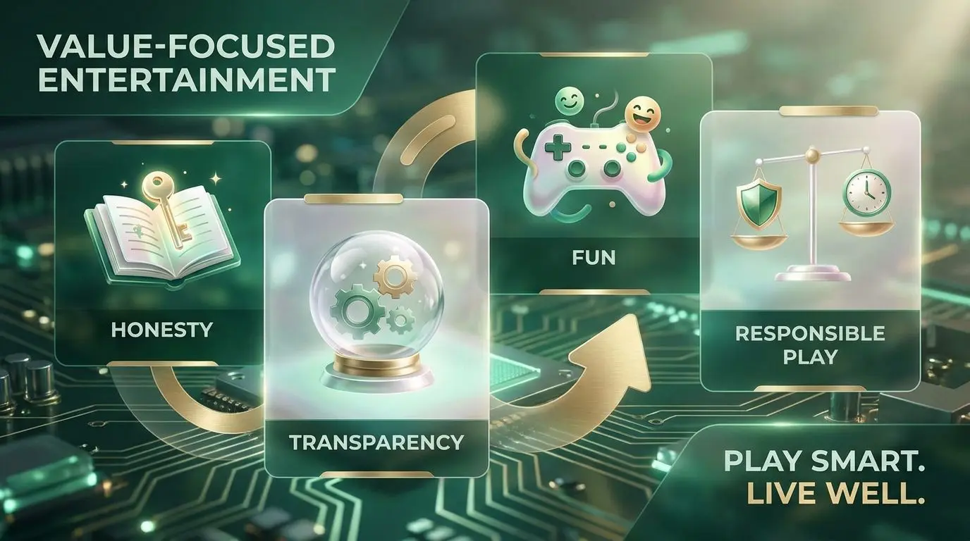 Visual showing PlayOJO values of honesty transparency fun and responsible play