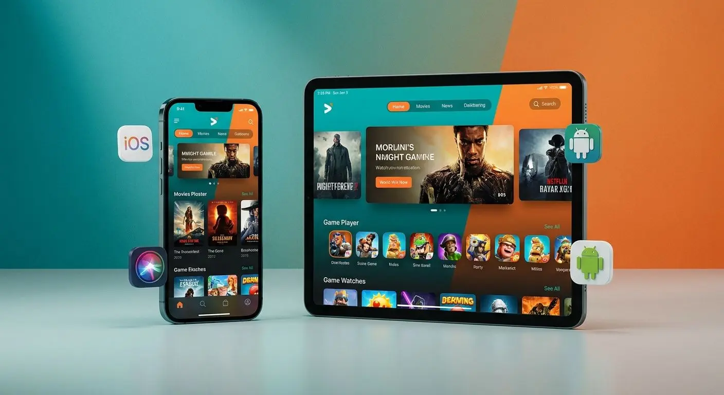 Smartphone and tablet showing PlayOJO-style mobile interface with iOS and Android icons