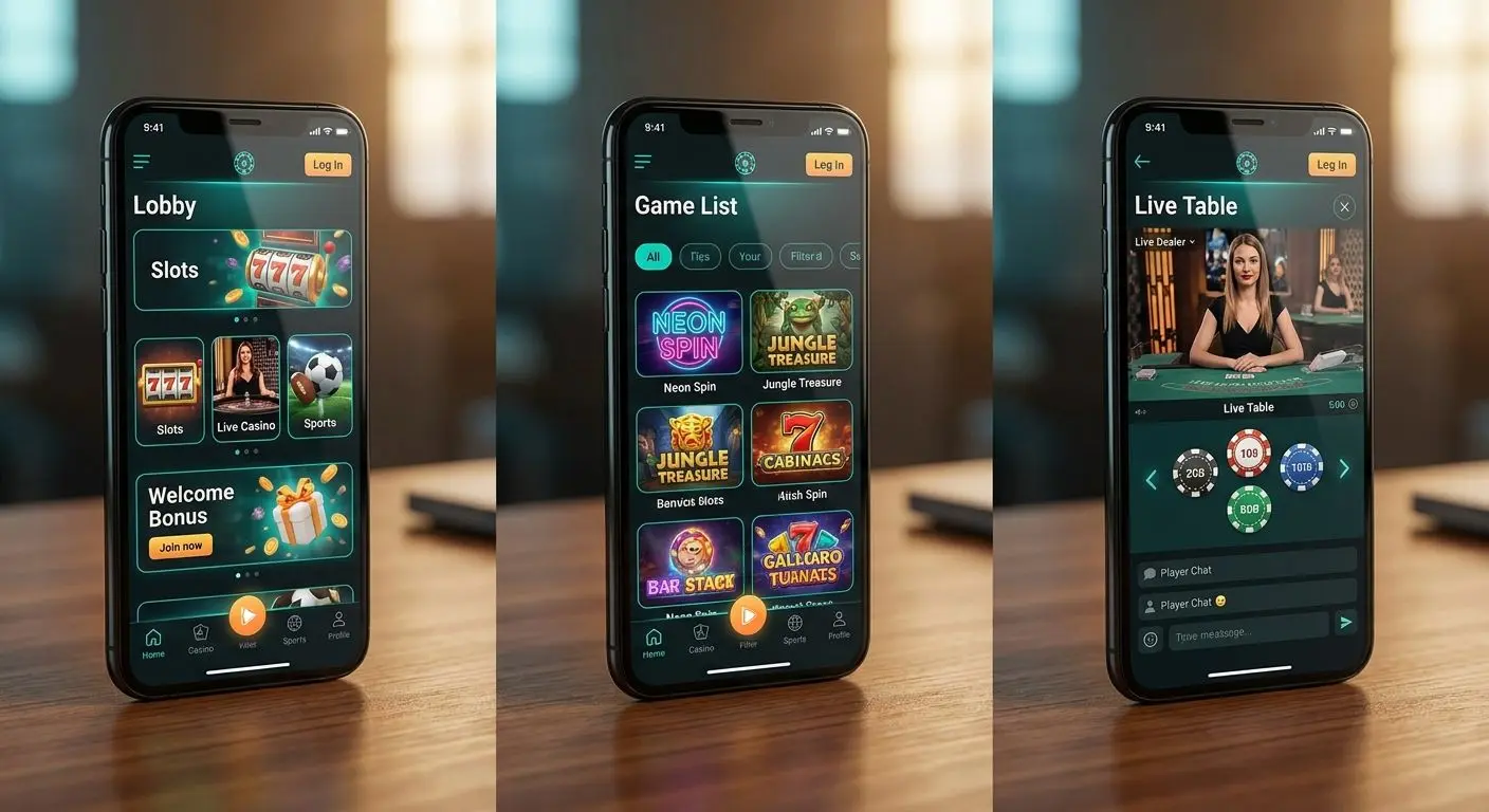 Mobile interface collage with lobby, game list and live table screens
