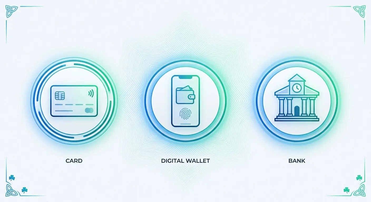 Icons showing card, wallet and bank deposit categories for Ireland