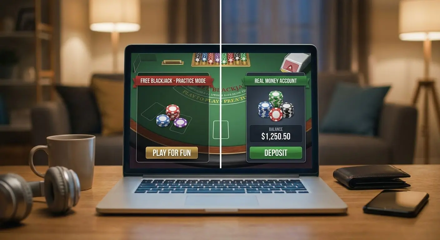 Comparison of free blackjack and real money blackjack screens