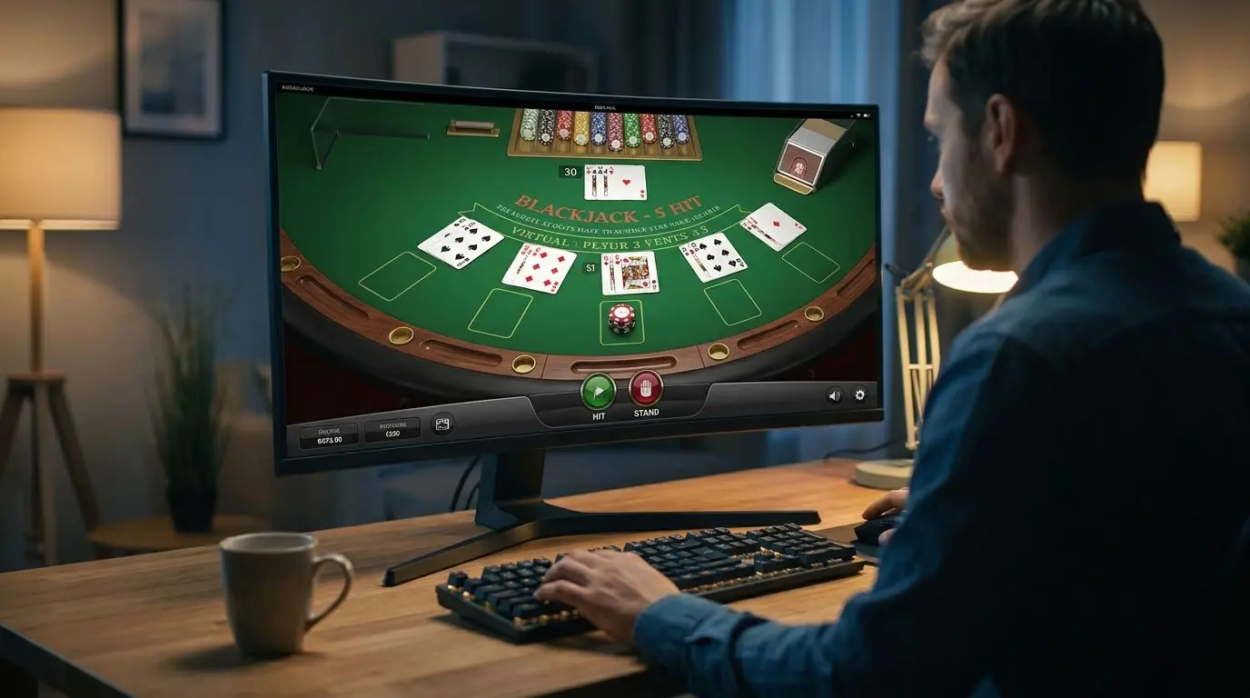 Virtual blackjack table on screen with cards and chips