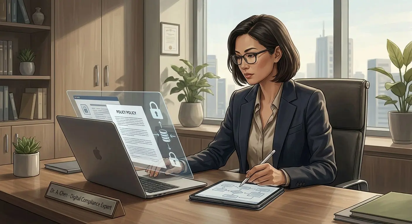 Expert reviewing bonus policy documents on a laptop