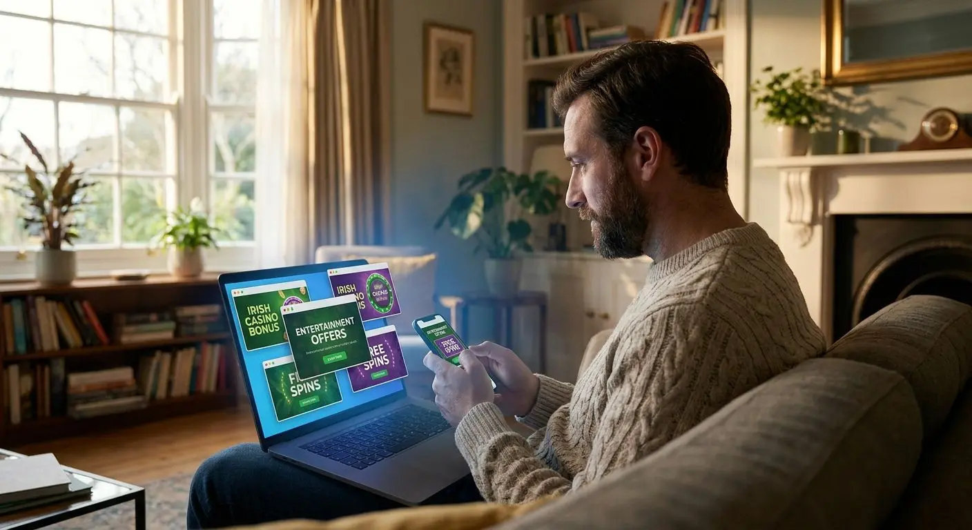Irish player browsing PlayOJO bonus offers on laptop and phone