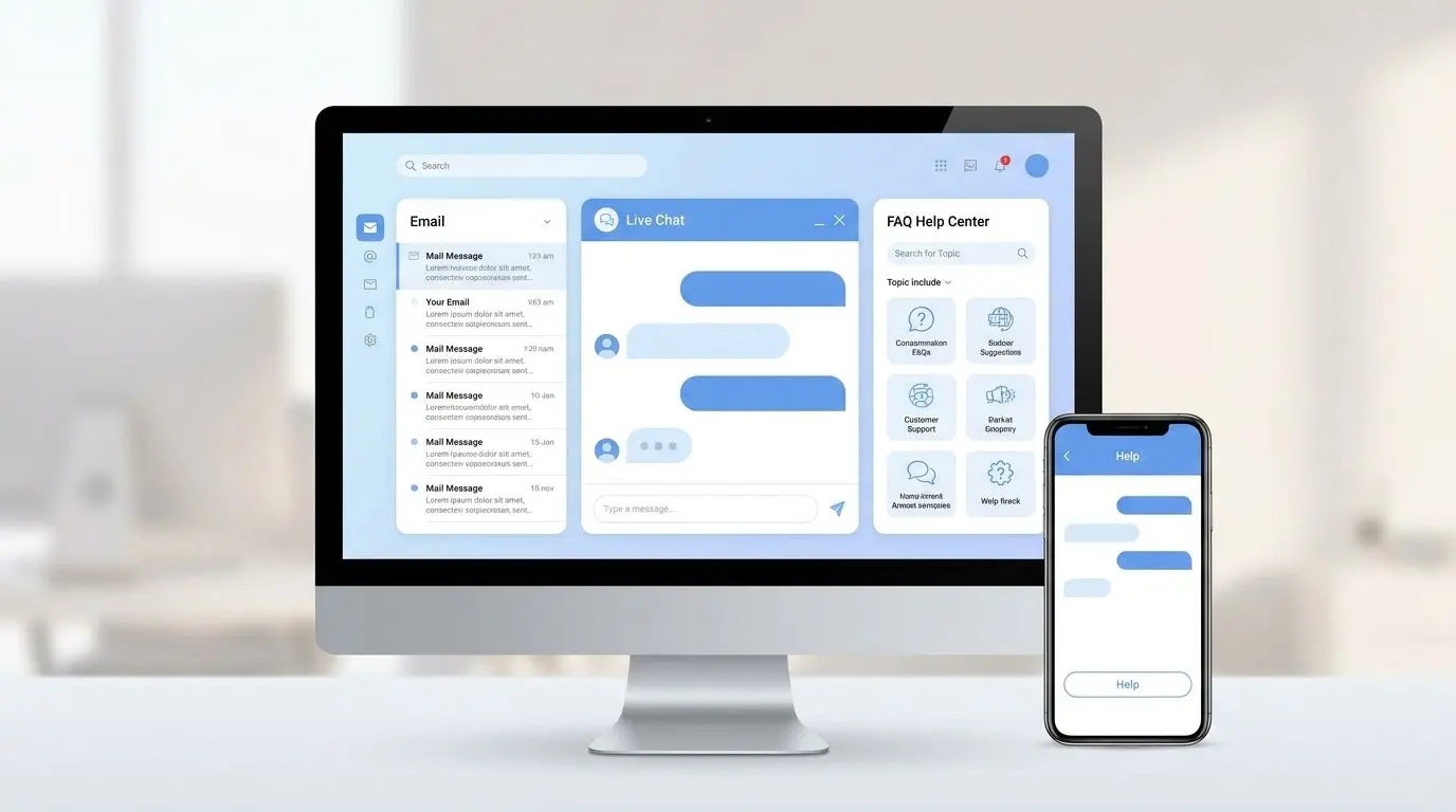 Support interface with live chat, email and help centre