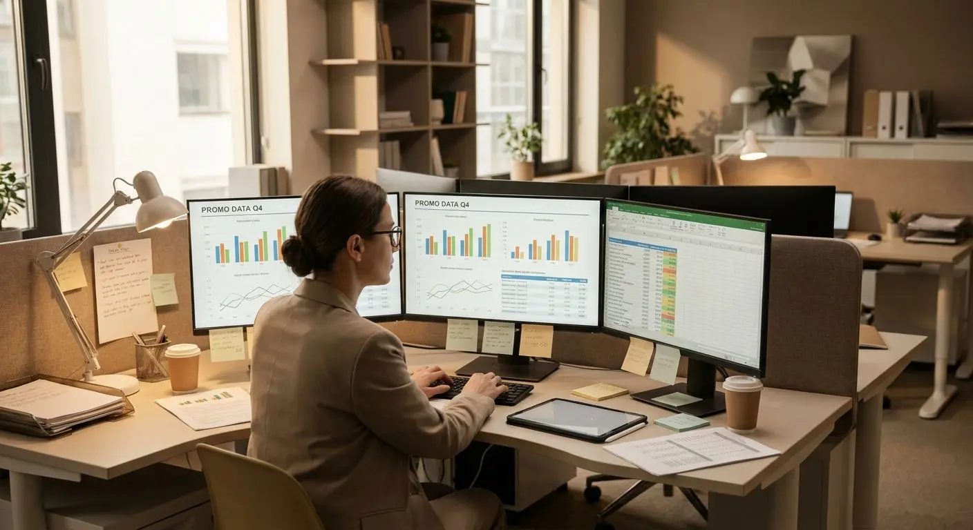 Expert analysing promotional and platform data on screens