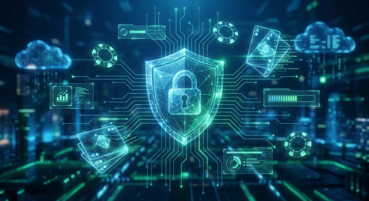 Security and fair play visual with shield and digital game elements