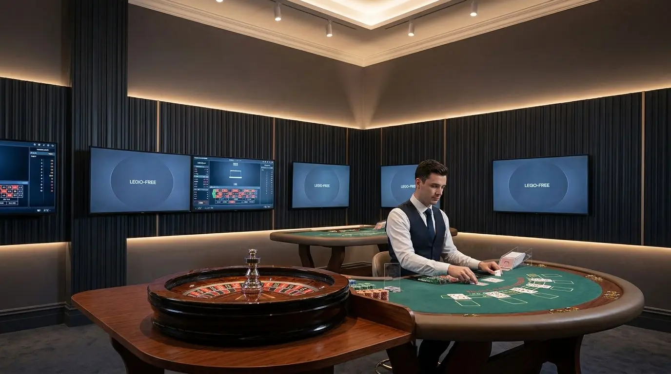 Live dealer table with roulette and blackjack in a modern online studio