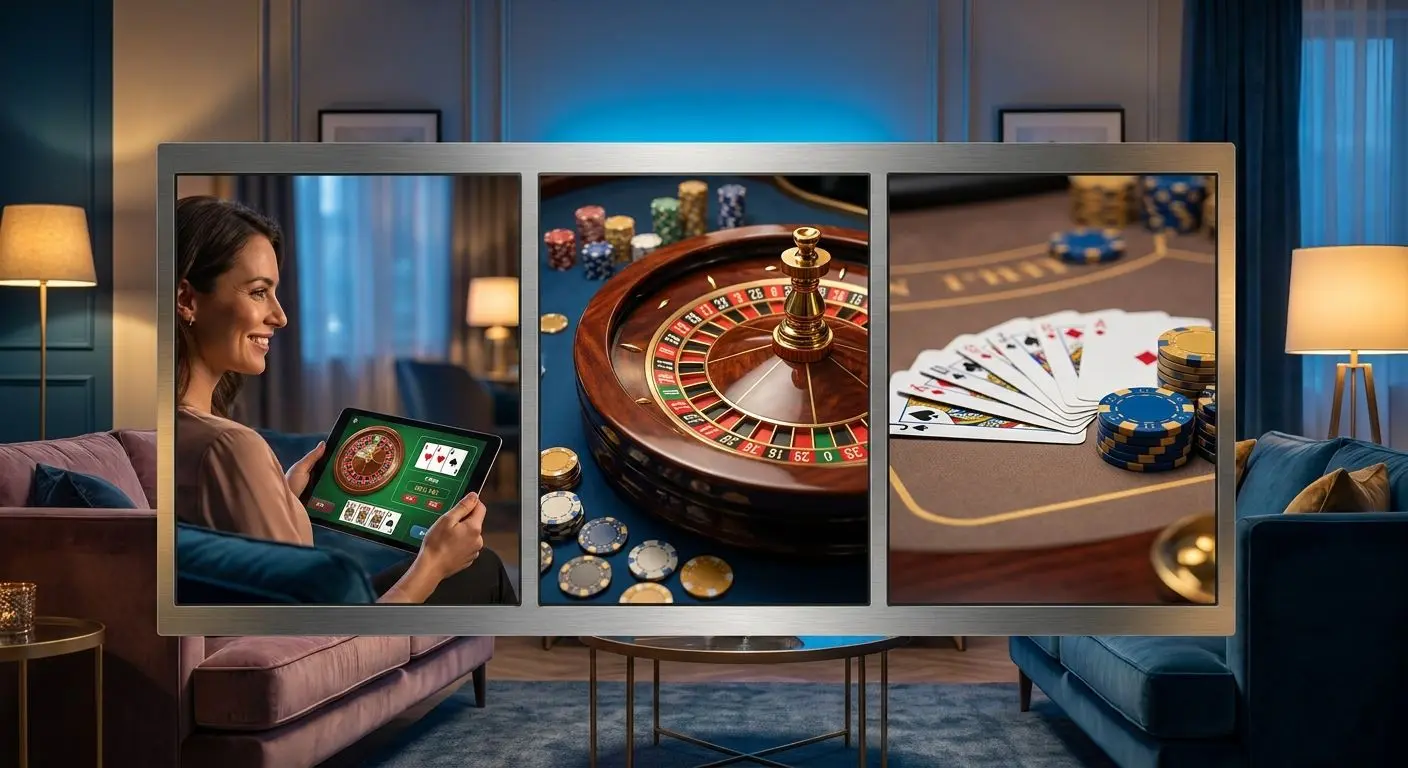 Collage of live table formats with wheel, cards and tablet player