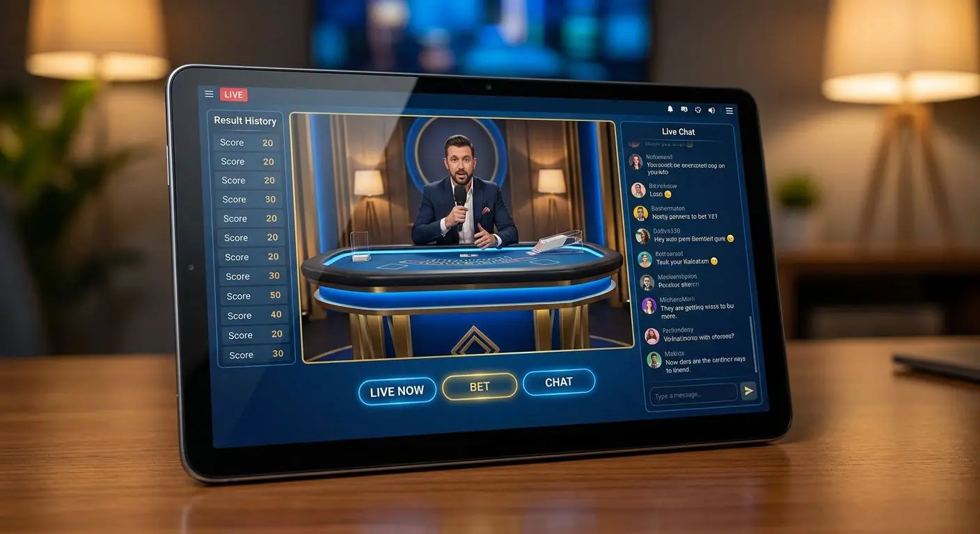 Live game interface on tablet with host, controls and chat panel