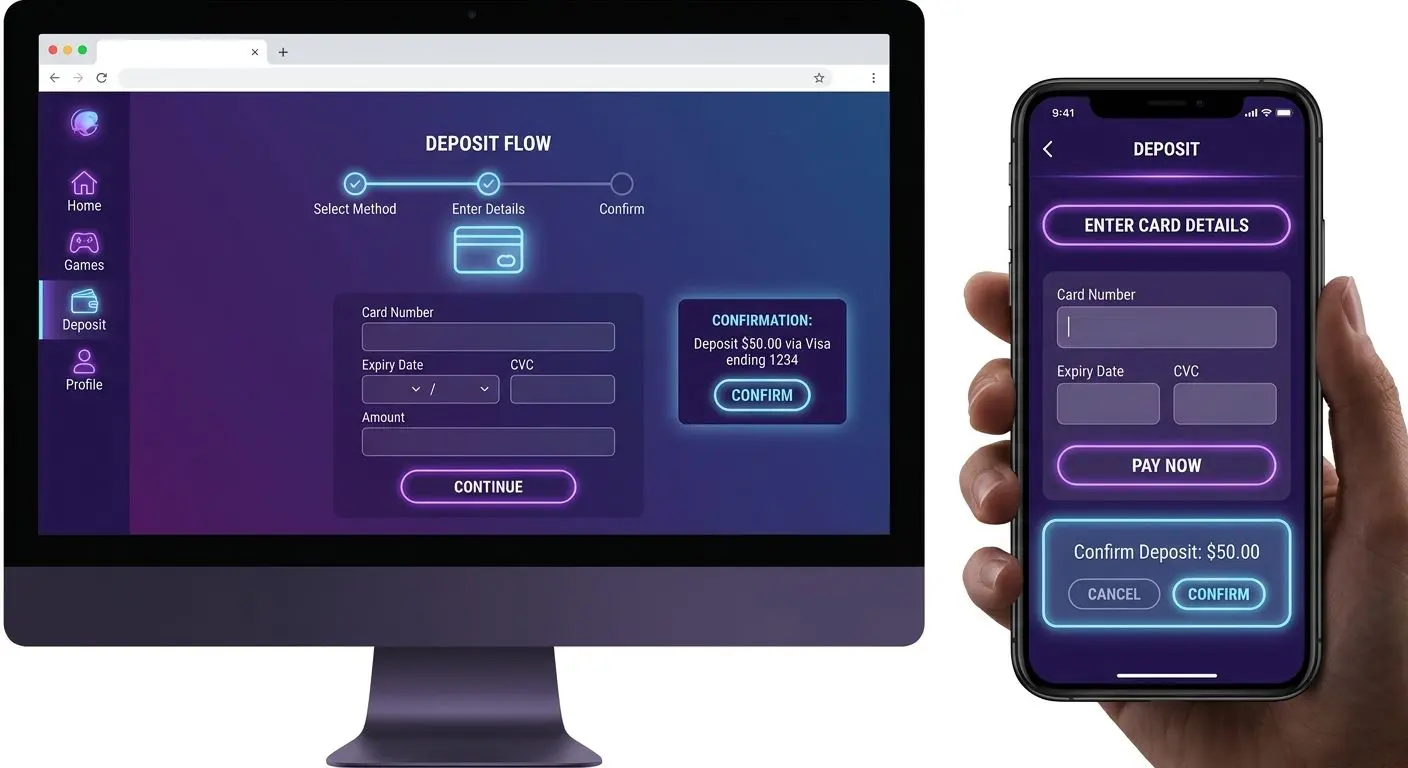 Deposit flow on PlayOJO with Mastercard Deposit flow with card on mobile and desktop interface