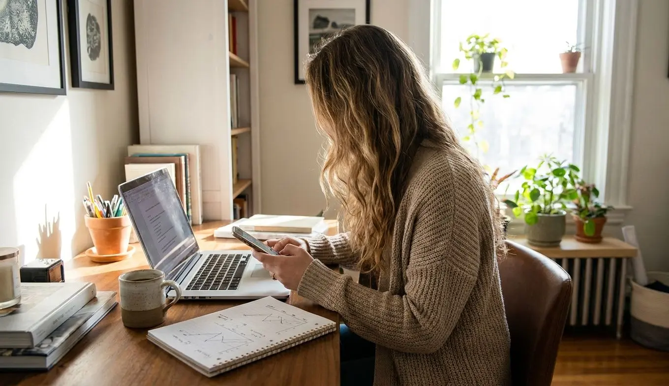 Fictional content analyst reviewing mobile user experience on laptop and phone