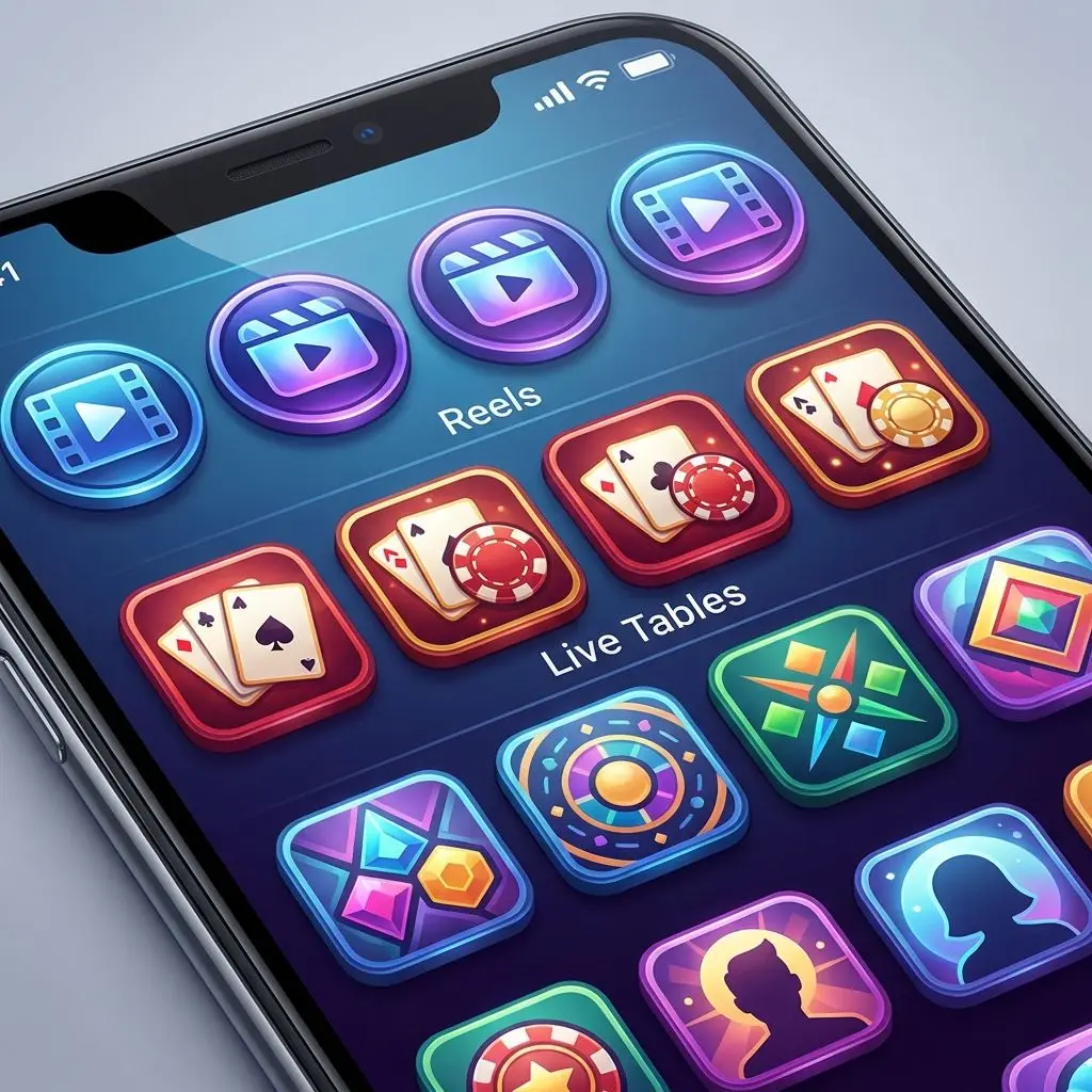 Mobile screen with colourful game category icons