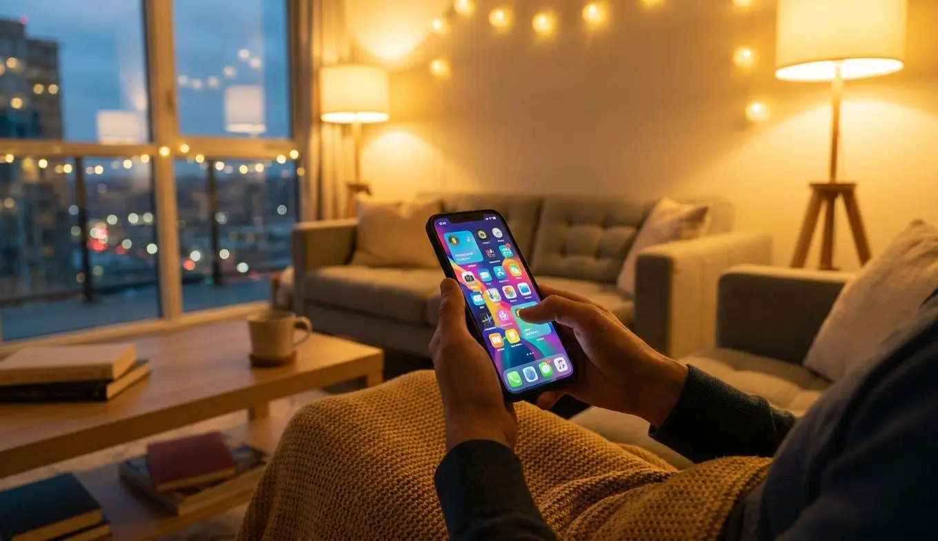 Person using a smartphone with a mobile gaming lobby at home