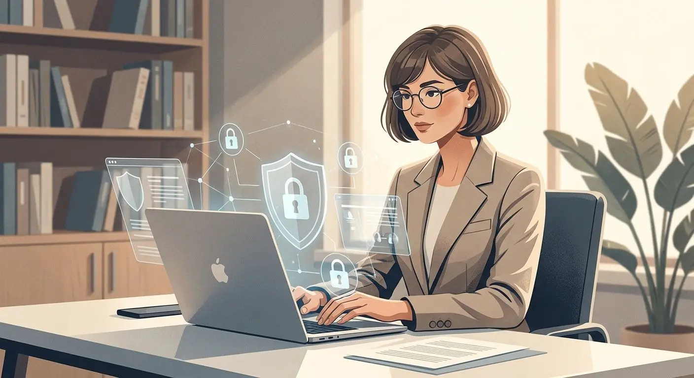 Editorial illustration of a privacy policy expert