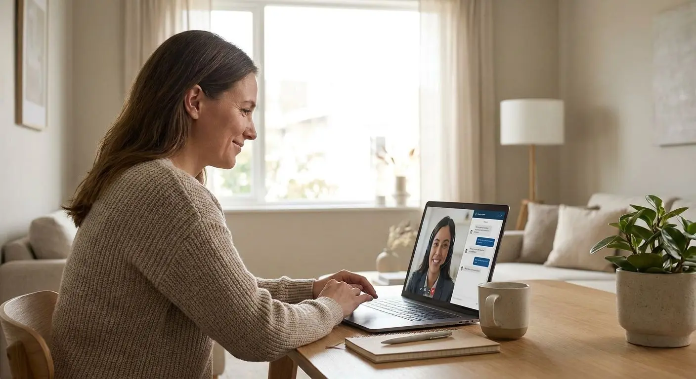 Adult user speaking with support online in a calm and reassuring setting