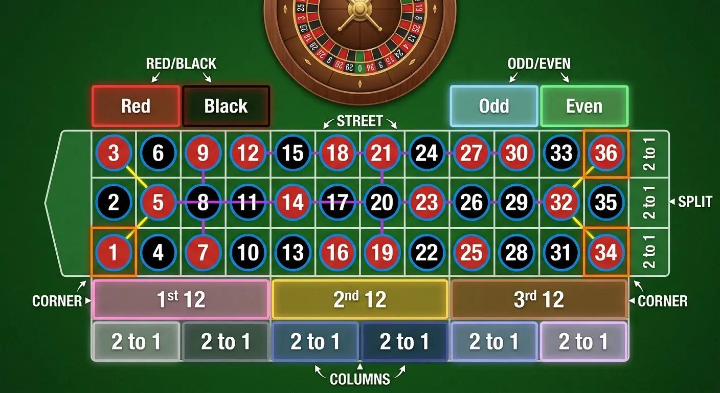 Roulette table diagram showing inside and outside bet areas