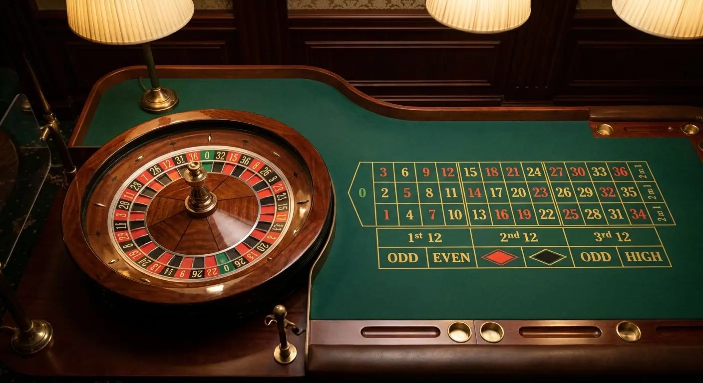 Close-up of roulette wheel and table layout with red black odd even sections
