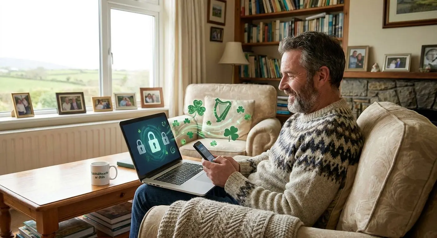 Irish player using laptop with online safety and lock icons