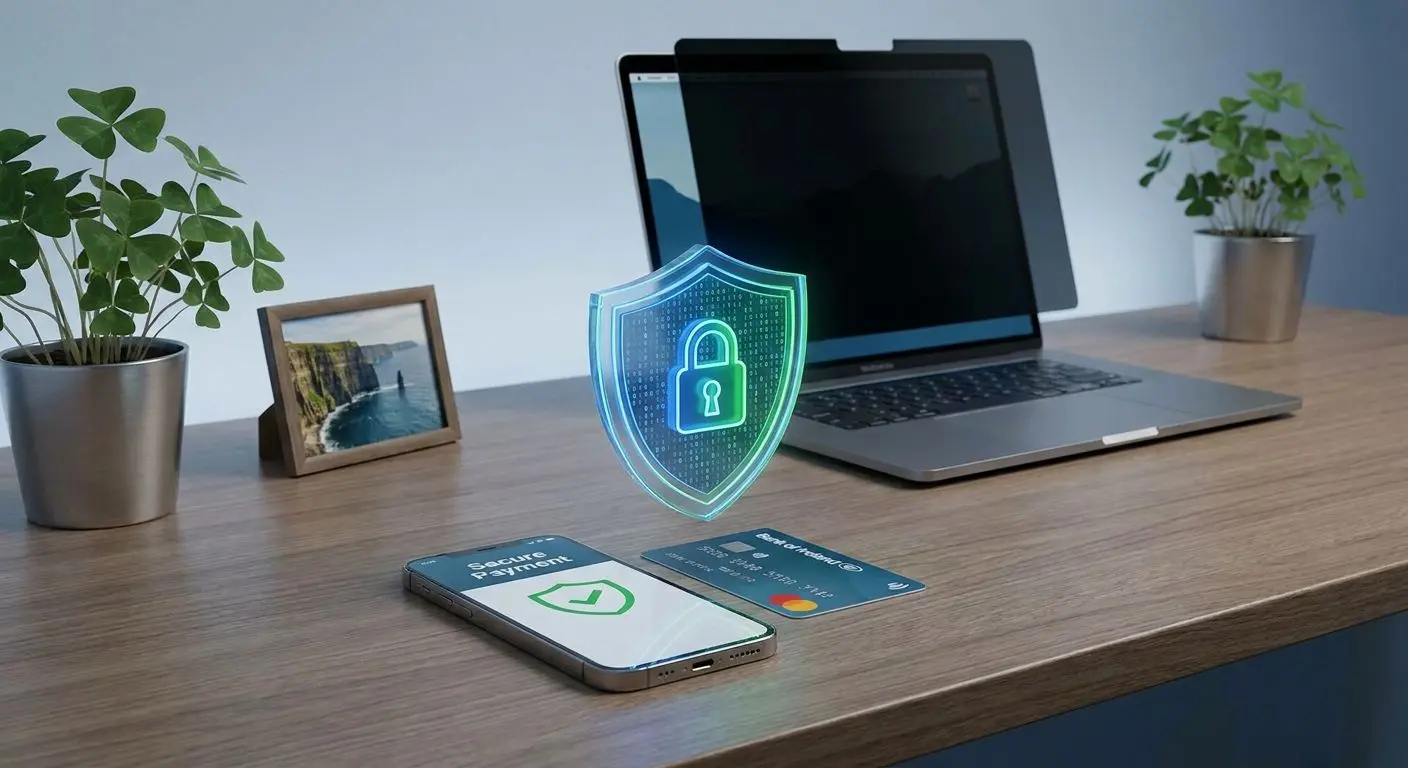 Secure online payments with card phone and shield icon