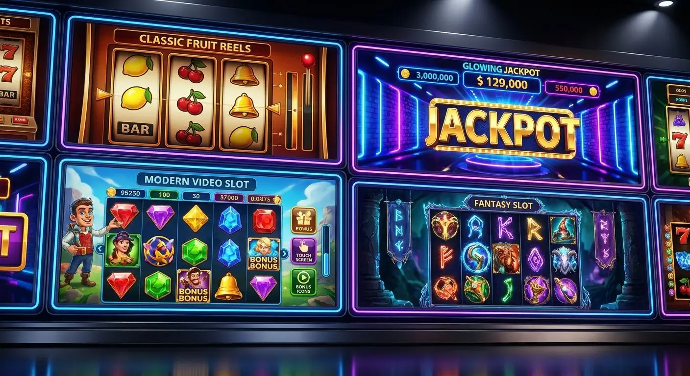 Types of PlayOJO Slots Collage showing classic, jackpot and video slot styles