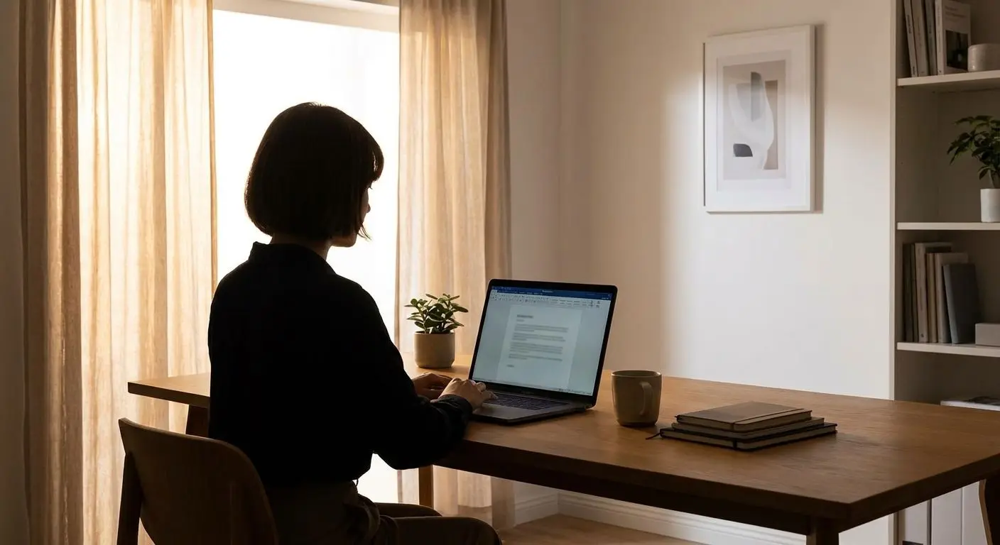Author visual with a fictional content writer in a modern workspace