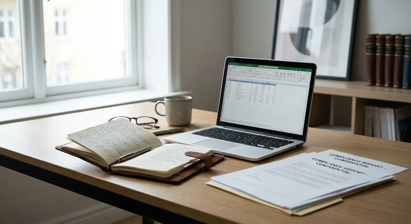 Neutral author-style visual with laptop and compliance notes