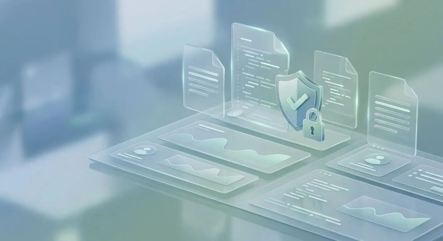 Transparent rules illustration with shield, documents and checkmarks