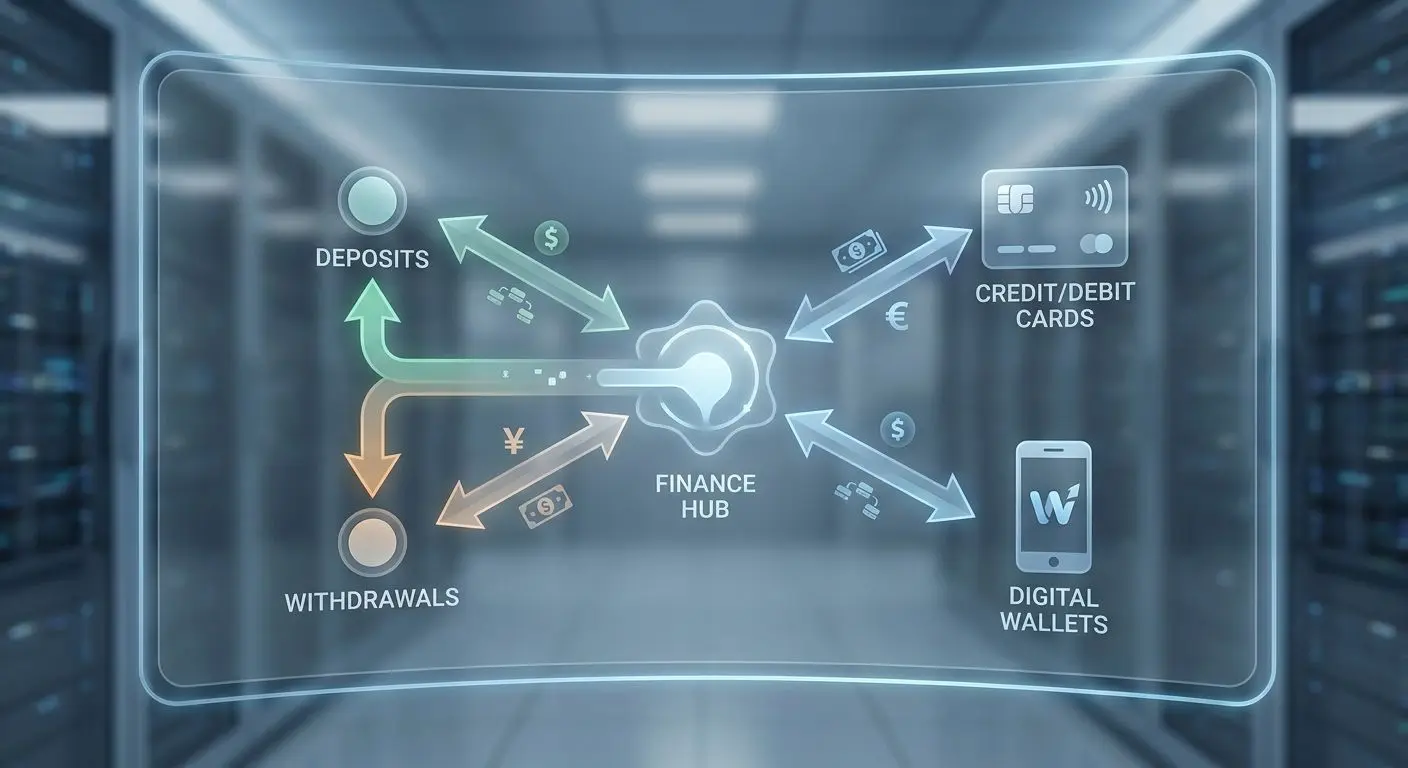 Deposit and withdrawal flow diagram with cards and money arrows