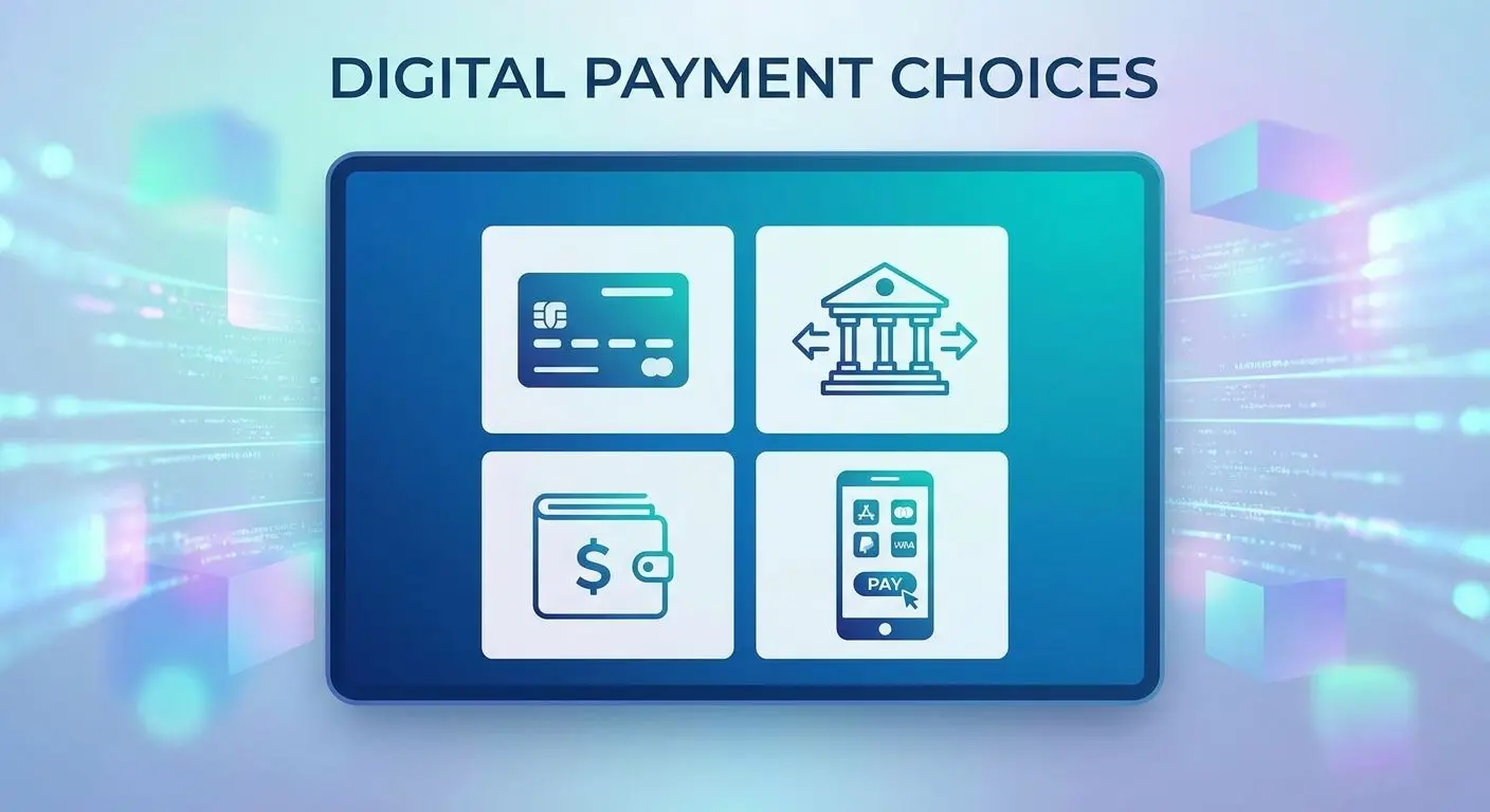 Digital payment methods including card, bank transfer, wallet and smartphone
