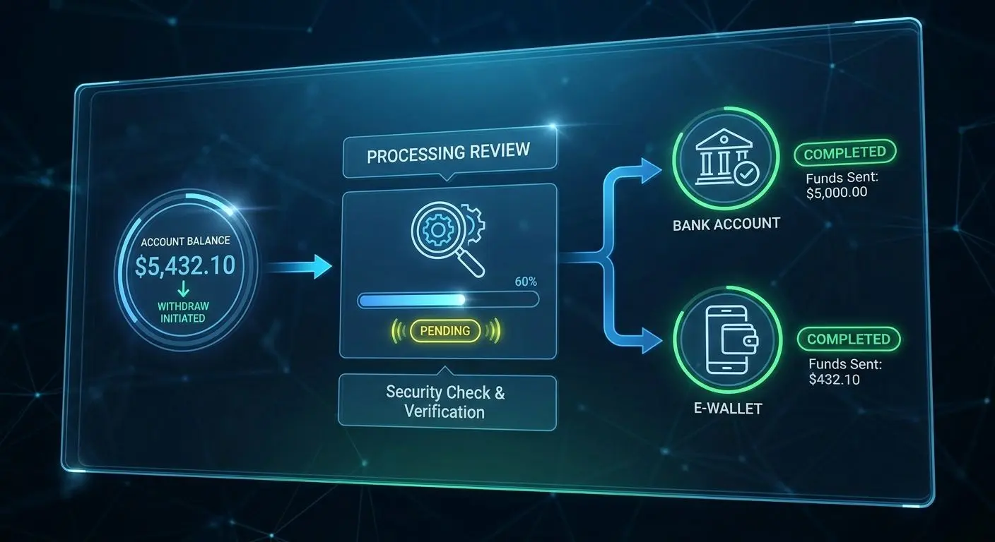 Withdrawal journey from account balance to processed payment and received funds